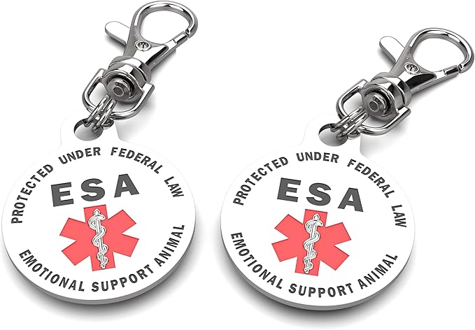 DOUBLE SIDED Emotional Support Animal ESA Tag Red Medical Alert Symbol and Protected by Federal Law 1.25 inch ID. Easily switch between collars harness and vest.