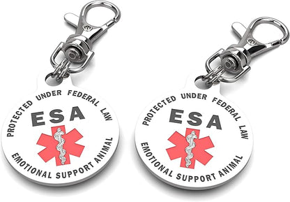 DOUBLE SIDED Emotional Support Animal ESA Tag Red Medical Alert Symbol and Protected by Federal Law 1.25 inch ID. Easily switch between collars harness and vest.