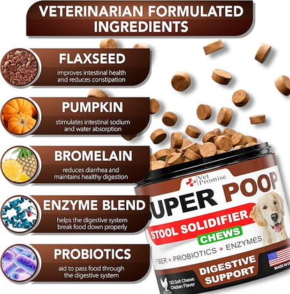 Super Poop Probiotics for Dogs - Dog Stool Softener - Fiber for Dogs Supplement - 6 Probiotics and Digestive Enzymes - Healthy Gut - Perfect for Firm Stool & Diarrhea Relief - 120 Chews