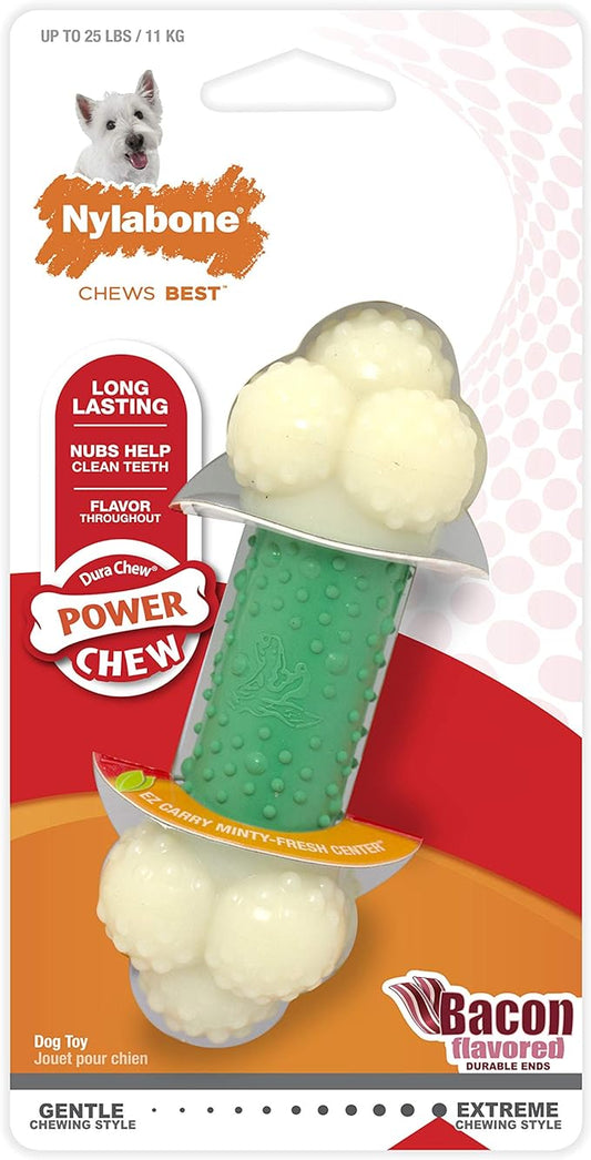 Nylabone Power Chew Double Action Barbell Bone Chew Toy, Durable Dog Toy, Bacon Flavor, Small - Up to 25 lbs. (1 Count)