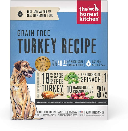 The Honest Kitchen Human Grade Dehydrated Grain Free Dog Food – Complete Meal or Dog Food Topper – Turkey 10 lb (makes 40 lbs)