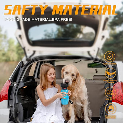 Dog Water Bottle, 28 oz Large Dog Water Dispenser with Bowl, Portable Pet Water Dispenser for Boy & Girl Dog, Travel Dog Water Bottle, Flippable Cup, Food Grade Material, Leak Proof, Blue