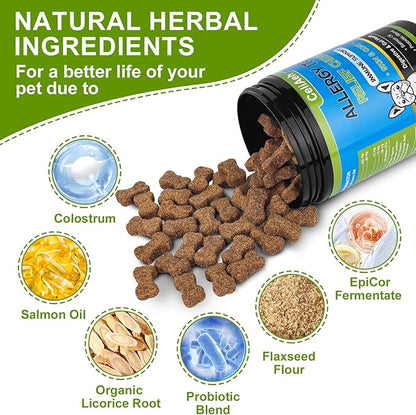 Dog Allergy Relief Chews-Dog Itching Skin Relief Pills -Salmon Oil & Probiotics for Skin Health & Immunity Boost, Supporting Seasonal Allergies & Hot Spot Treatment