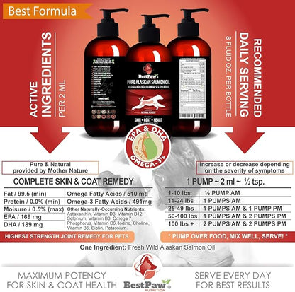 Pure Wild Alaskan Salmon Oil for Dogs & Cats Skin and Coat - Fish Oil Liquid with Pump - Supports Joint Function, Immune & Heart Health - Omega 3 Liquid Food Supplement - All Natural EPA + DHA - 8oz