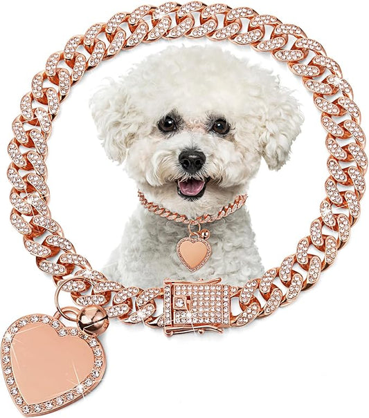 Hillban Dog Chain Rose Gold-plated Diamond Collar with Heart Rhinestones Jewelry Accessories Pet ID Tag Chain Heart Bling Collar with Personalized Name Tag for Small Medium Large Dogs Cats(12 Inch)