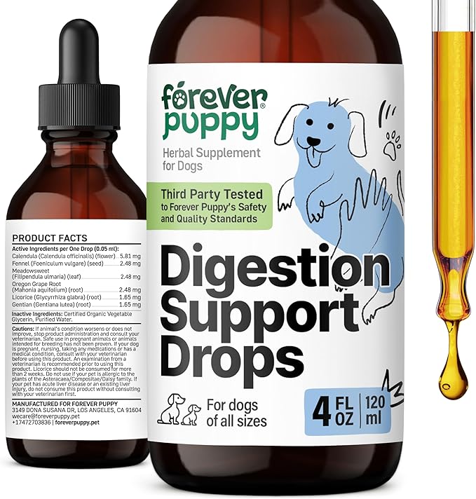 Digestion Drops for Dogs - Liquid Digestive Supplements w/Fennel Seeds & Licorice Root - Fiber for Dogs - Herbal Dog Vitamins and Supplements for Digestive Health & Gut Support 4 oz