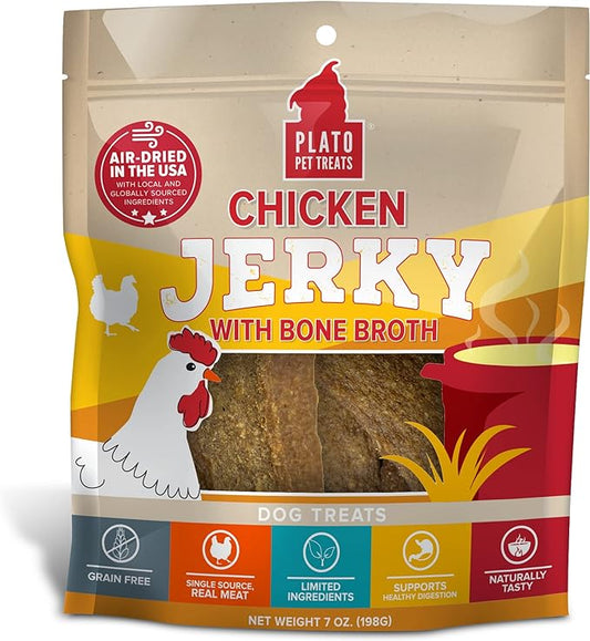 PLATO Pet Treats Air Dried, Real Meat, Chicken Jerky with Bone Broth Dog Treats, Made in The USA, Grain Free, 7oz