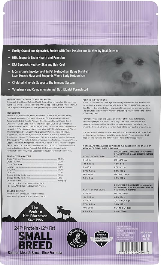 Annamaet Original Small Breed Salmon Formula Dry Dog Food, (Salmon & Brown Rice), 4-lb Bag