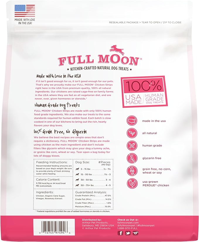 Full Moon Chicken Strips Healthy All Natural Dog Treats Human Grade Made in USA Grain Free, 1.5 Pound (Pack of 1)