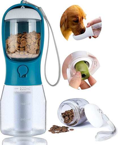 Dog Water Bottle with Food Container, Portable Pet Dog Water Dispenser for Outdoor Walking,Hiking,Travel,Puppy Essentials,Puppy Supplies,Replaceable Waste Bags