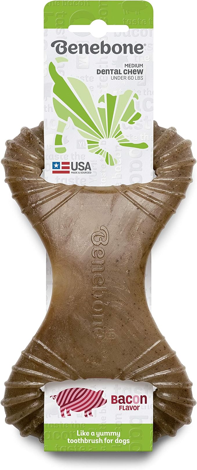 Benebone Dental Durable Dog Chew Toy for Aggressive Chewers, Real Bacon, Made in USA, Medium