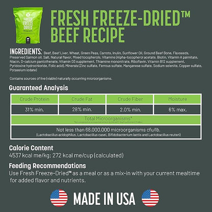 Gut Health Fresh Freeze Dried Raw Meal, Beef Recipe, 32 Ounce Bag, Dog Food for Dogs of All Breeds and Life Stages, USDA Beef, Made in USA