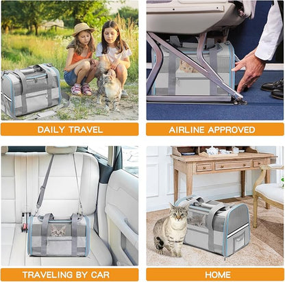 Cat Carrier Dog Carrier Pet Carrier Airline Approved for Small Dogs Medium Cats Puppies Under 15 lbs, Collapsible Soft Sided Dog Travel Carriers for Puppy and Kitten, Light Grey