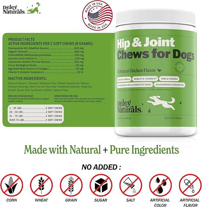Hip and Joint Support Supplement for Dogs - Advanced Arthritis Pain Relief - Chondroitin, MSM, Organic Turmeric, & Glucosamine for Dogs - Made in USA - 120 Grain Free Soft Chews, Deley Naturals
