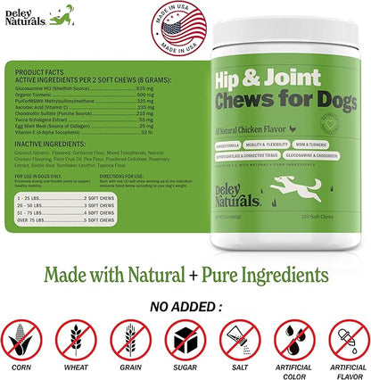 Hip and Joint Support Supplement for Dogs - Advanced Arthritis Pain Relief - Chondroitin, MSM, Organic Turmeric, & Glucosamine for Dogs - Made in USA - 120 Grain Free Soft Chews, Deley Naturals