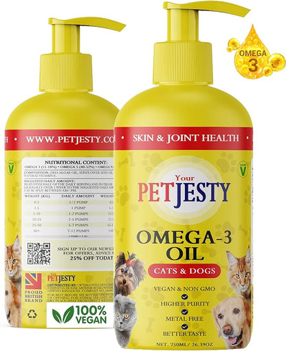 PetJesty Pure Omega 3 Oil for Dogs & Cats 26.39oz - Omega 3 Skin & Coat Support- Liquid Food Supplement for Pets - Vegan pet + DHA for Joint Function, Immune & Heart Health, Non Fish Oil Dog and Cat