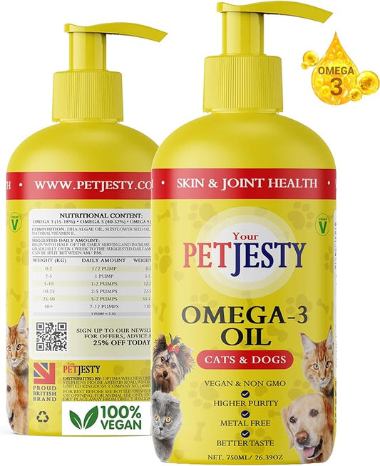 PetJesty Pure Omega 3 Oil for Dogs & Cats 26.39oz - Omega 3 Skin & Coat Support- Liquid Food Supplement for Pets - Vegan pet + DHA for Joint Function, Immune & Heart Health, Non Fish Oil Dog and Cat