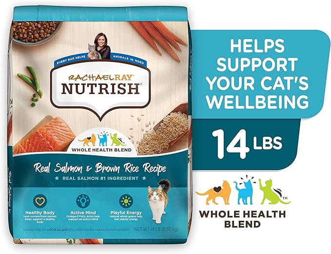 Rachael Ray Nutrish Premium Natural Dry Cat Food with Added Vitamins, Minerals & Other Nutrients, Real Salmon & Brown Rice Recipe, 14 Pound Bag
