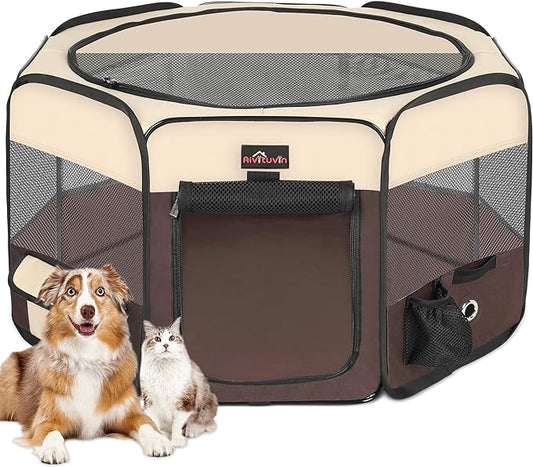 Dog Playpen, Cat Playpen - Foldable Pet Playpen with Carrying Case, Portable Pet Tent for Indoor/Outdoor Use | Water Resistant | Removable Shade Cover - (Brown, X-Large)