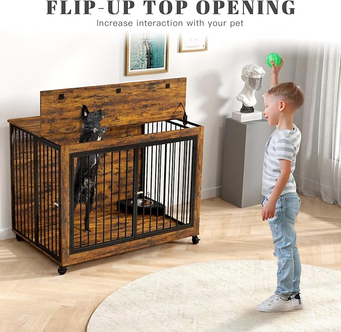 44 Inch Large Wooden Dog Crate Furniture with 180° Rotatable Bowl, Brown Multi-Functional Dog Crate End Table with Wheels, Furniture Dog Crate for Large Dogs with Flip-up Top Opening