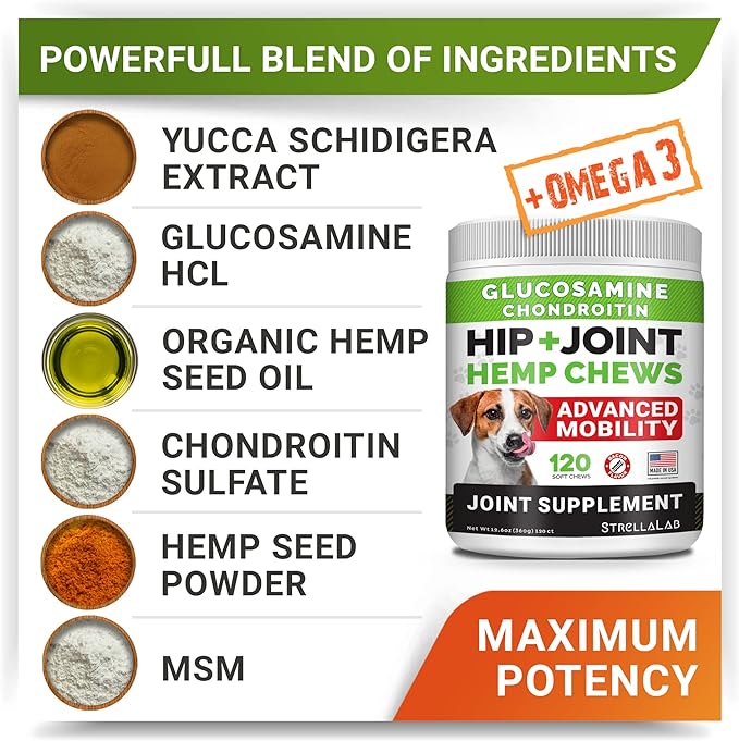 Hemp + Glucosamine Dog Joint Supplement - Hemp Chews for Dogs Hip Joint Pain Relief - Omega 3, Chondroitin, MSM - Advanced Mobility Hemp Oil Treats - Bacon Flavor - 120 Ct - Made in USA