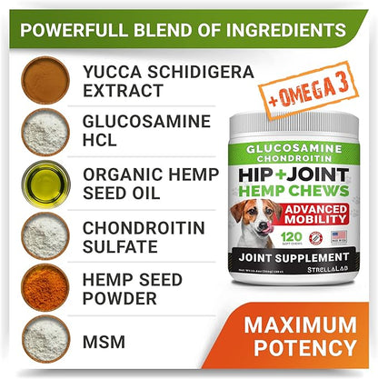 Hemp + Glucosamine Dog Joint Supplement - Hemp Chews for Dogs Hip Joint Pain Relief - Omega 3, Chondroitin, MSM - Advanced Mobility Hemp Oil Treats - Bacon Flavor - 120 Ct - Made in USA