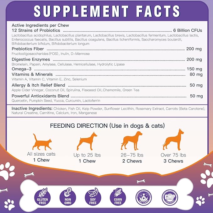 Probiotics for Dogs, Freeze-Dried Dog Probiotics and Digestive Enzymes, Plus Omega-3 for Itchy Skin, 3-in-1 Prebiotics for Digestive Health, Dog Vitamins and Supplements for Immune Health, 120 Bites