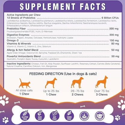 Probiotics for Dogs, Freeze-Dried Dog Probiotics and Digestive Enzymes, Plus Omega-3 for Itchy Skin, 3-in-1 Prebiotics for Digestive Health, Dog Vitamins and Supplements for Immune Health, 120 Bites