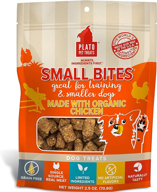 PLATO Small Bites Dog Treats, Natural Bite Sized Real Meat & Chicken Flavor, Grain Free & High in Protein, Air Dried Authentic Ingredients, 2 Calories Per Treat, Made in the USA, 2.5 Ounces