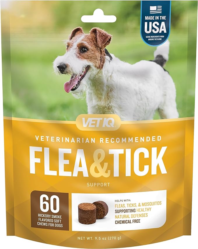 VetIQ Flea & Tick Support for Dogs, Flea and Tick Chewable for Dogs, Supports Dog's Natural Flea Defenses, Free of Added Chemicals and Garlic, Hickory Smoke Flavor, 60 Count