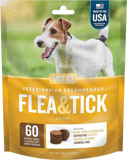 VetIQ Flea & Tick Support for Dogs, Flea and Tick Chewable for Dogs, Supports Dog's Natural Flea Defenses, Free of Added Chemicals and Garlic, Hickory Smoke Flavor, 60 Count