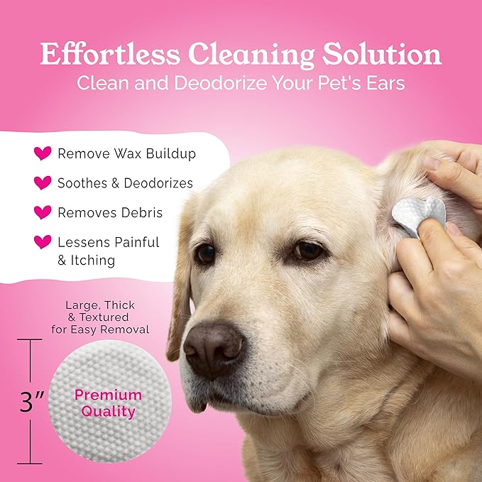 Dog Ear Wipes, Ear Cleaner for Dogs and Cats, Relieve Ear Itching, Inflammation & Infections, Clean Ear Wax, Debris, Soothe & Deodorize, Natural Organic Essential Grooming Supplies, Paw Cleaner