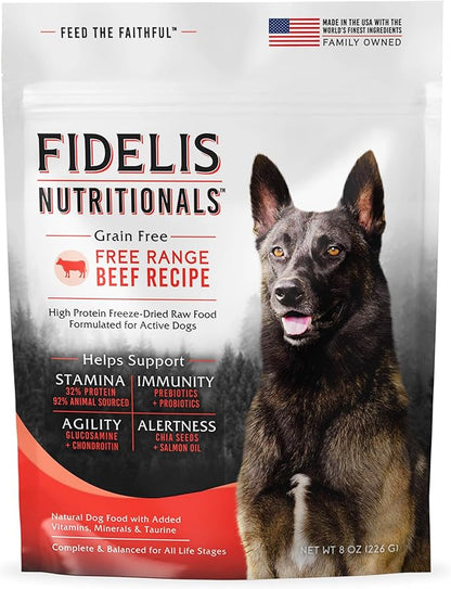 FIDELIS Freeze Dried Dog Food with Superfoods for Large Dog Breeds (8 oz) - Made in USA with Free Range Beef, Grain-Free, High Protein for Adult or Puppy