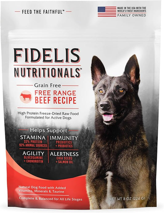 FIDELIS Freeze Dried Dog Food with Superfoods for Large Dog Breeds (8 oz) - Made in USA with Free Range Beef, Grain-Free, High Protein for Adult or Puppy