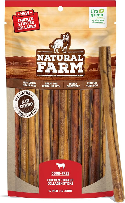 Natural Farm Chicken Stuffed Collagen Chews for Dogs (12 Inch, 12 Pack), Rawhide-Free Collagen Sticks, Odor-Free Natural Dog Chews, Long Lasting Treats for Small, Medium Dogs