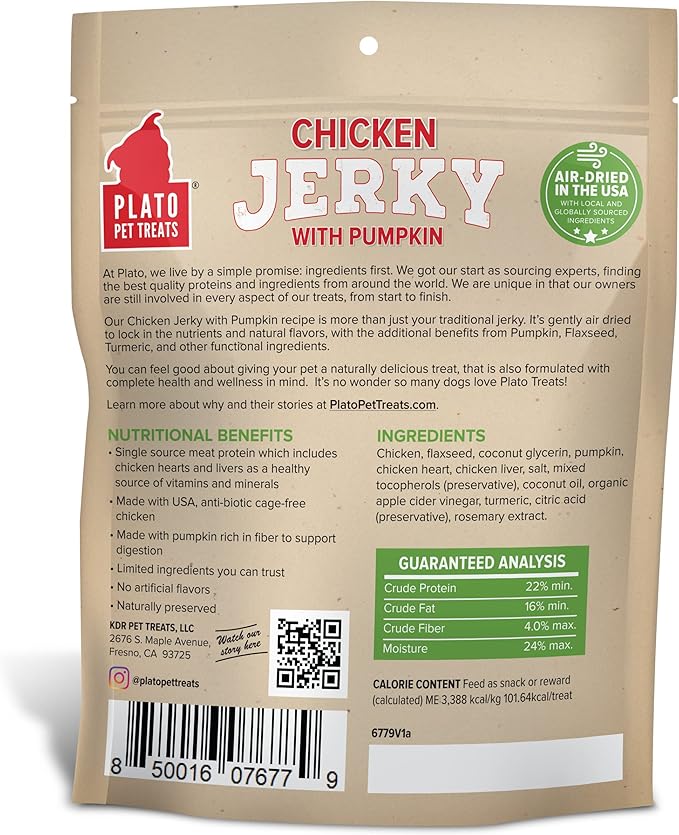 PLATO Pet Treats Air Dried, Real Meat, Chicken Jerky with Pumpkin Dog Treats, Made in The USA, Grain Free, 16oz