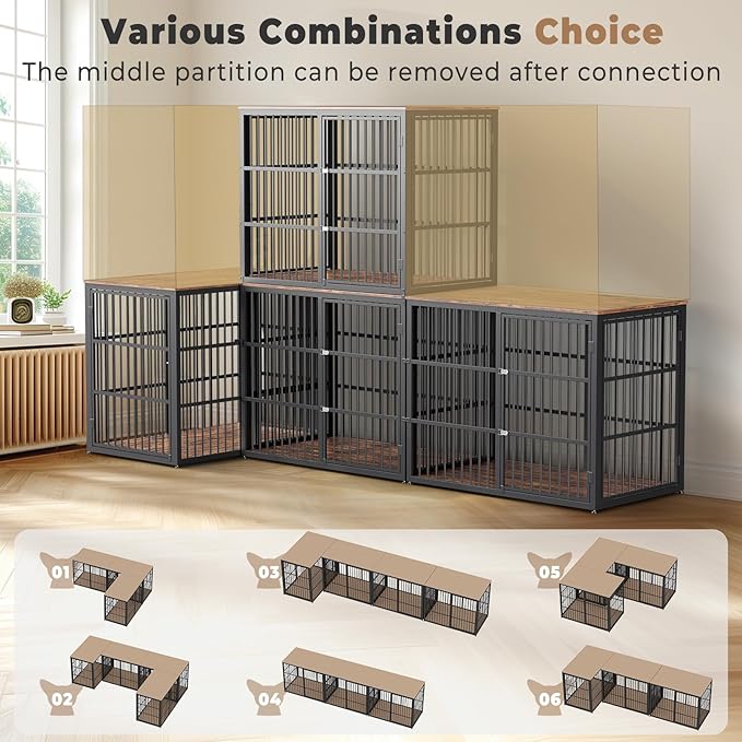 48'' Dog Crate Furniture with 3 Doors,Wooden Dog Crate End Table Heavy Duty Indoor Combination Dog Cage for Medium to Large Dogs, Multiple Units Can be Combined