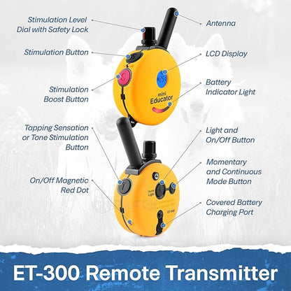 E-Collar - ET-300-1/2 Mile Remote Waterproof Trainer Mini Educator Remote Training Collar - 100 Training Levels Plus Vibration and Sound - includes PetsTEK Dog Training Clicker