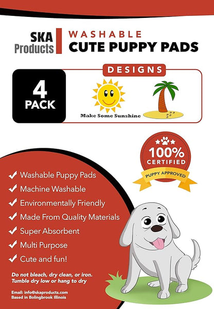 Cute Washable Puppy Pee Pads | 4 Pack Sun, Palm Tree Designs | Large Super Absorbent Wee Wee Potty Mats | Dog Housebreaking, Pet Crate Training | Multi-Purpose Reusable Eco-Friendly | Whelping