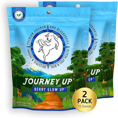 Journey Up Berry Glow Up, Chicken and Blueberry Dog Jerky Treats Made in USA with Prebiotics for Gut & Immune, Omega 3s & 6s for Skin & Coat, Antioxidants for Healthy Aging, Small-Large Dog, 12 oz.