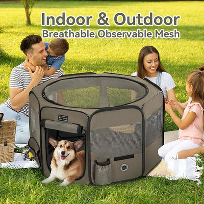 PETSFIT Dog Playpen, 36" Dia Sturdy Foldable Puppy Playpen for Dogs Cats Indoor/Outdoor, Portable Pet Playpen with Carring Case, Removable Mesh Zipper Top and Waterproof Playpen Mat Grey-Black M