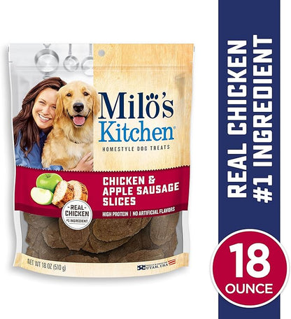 Milo's Kitchen Homestyle Dog Treats, Chicken & Apple Sausage Slices, 18 Ounce, High Protein, No Artifical Flavors