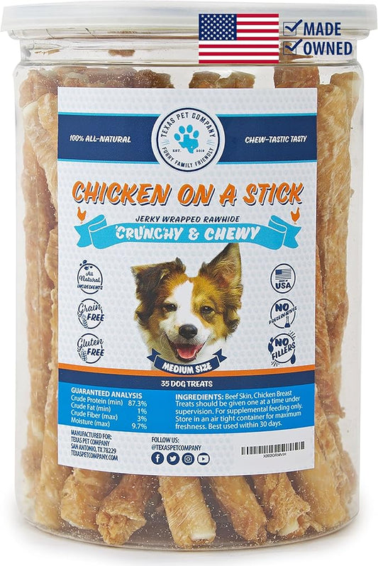 Chicken On A Stick Crunchy & Chewy Chicken Jerky Wrapped Rawhides for Dogs, Made in USA 2 in 1 Dog Treats for Small Dogs to Medium Dogs, Medium 35 Ct