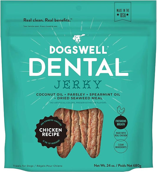 DOGSWELL Dog Dental Care Treats Made in USA Only, Grain Free Chicken Jerky Dog Treats, 24oz Bag