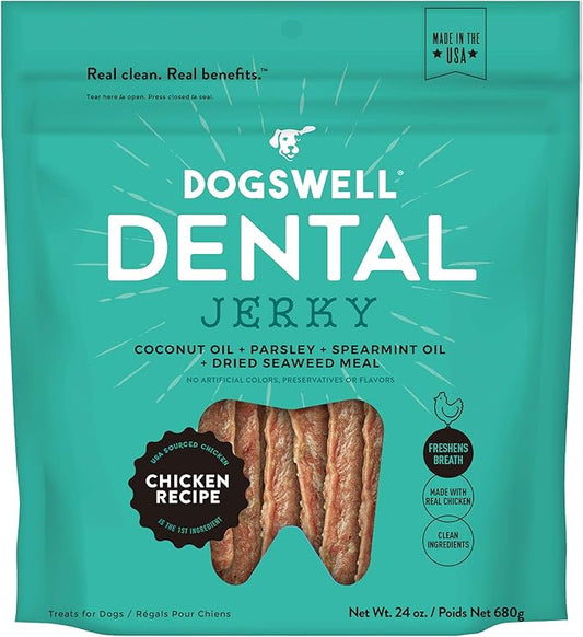 DOGSWELL Dog Dental Care Treats Made in USA Only, Grain Free Chicken Jerky Dog Treats, 24oz Bag