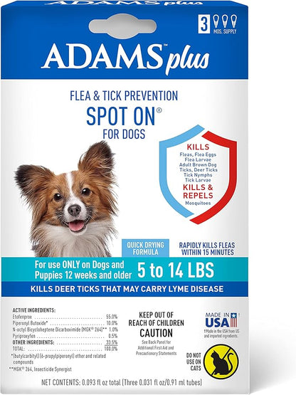 Adams Plus Flea & Tick Prevention Spot On for Dogs 5-14 Pounds, 3-Month Supply, Kills Fleas, Flea Eggs, Flea Larvae, Brown Dog & Deer Ticks, Kills and Repels Mosquitoes For 30 Days, Central Brands