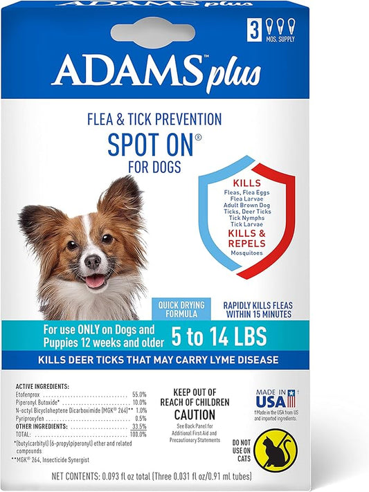 Adams Plus Flea & Tick Prevention Spot On for Dogs 5-14 Pounds, 3-Month Supply, Kills Fleas, Flea Eggs, Flea Larvae, Brown Dog & Deer Ticks, Kills and Repels Mosquitoes For 30 Days, Central Brands