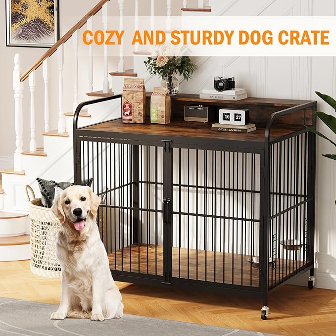 Dog Crate Furniture, Dog Crates Side End Table Indoor, Wooden Dog Kennel with Adjustable Height and 360° Rotating Feeder, Decorative Dog Crate Furniture for Large Dogs (48" L x 29.92" W x 44.29" H)