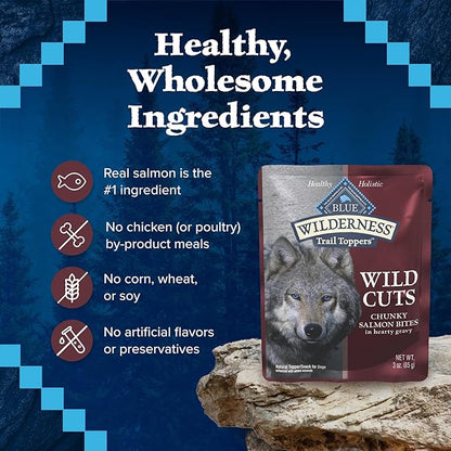 Blue Buffalo Wilderness Trail Toppers Wild Cuts High Protein Natural Wet Dog Food, Chunky Salmon Bites in Hearty Gravy 3-oz pouches (Pack of 24)