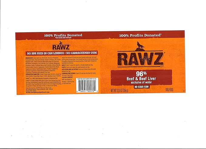 Rawz 96% Meat Canned Wet Food for Dogs 12 Pack/ 12.5 oz. Cans (Beef/Beef Liver)